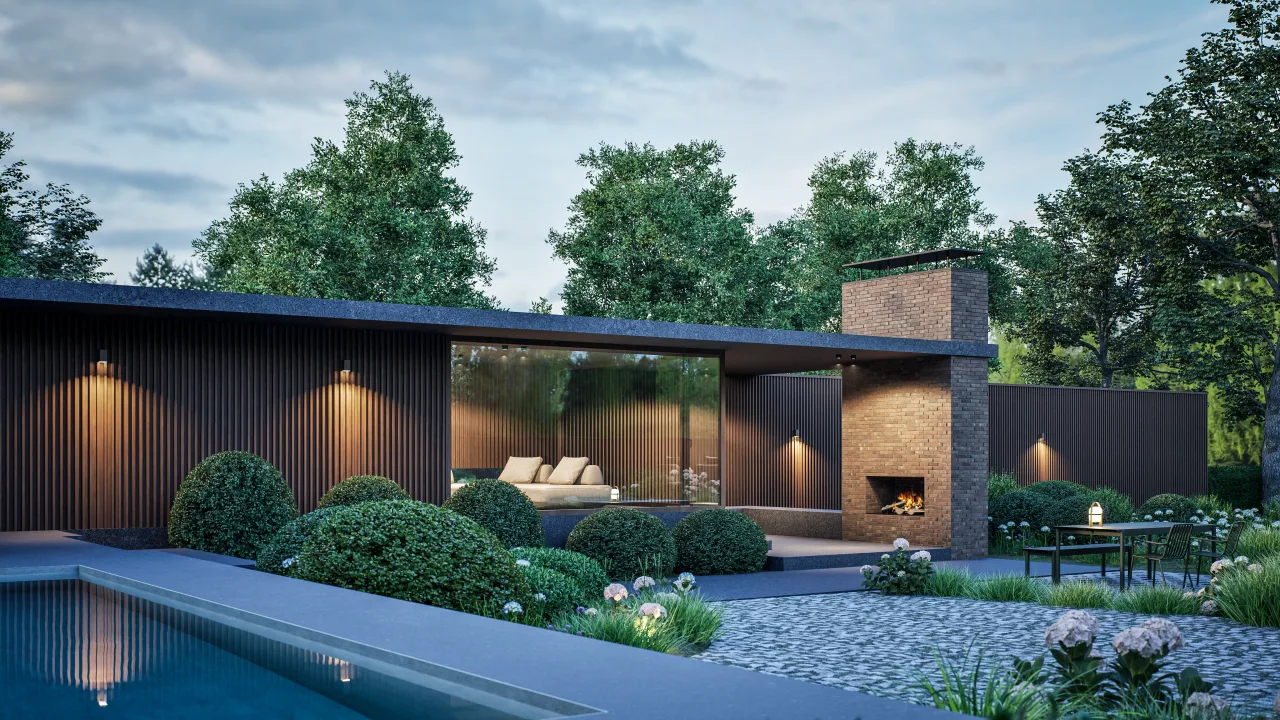 Alinel Type B+Wood gevelbekleding bij avond — sfeervolle verlichting
