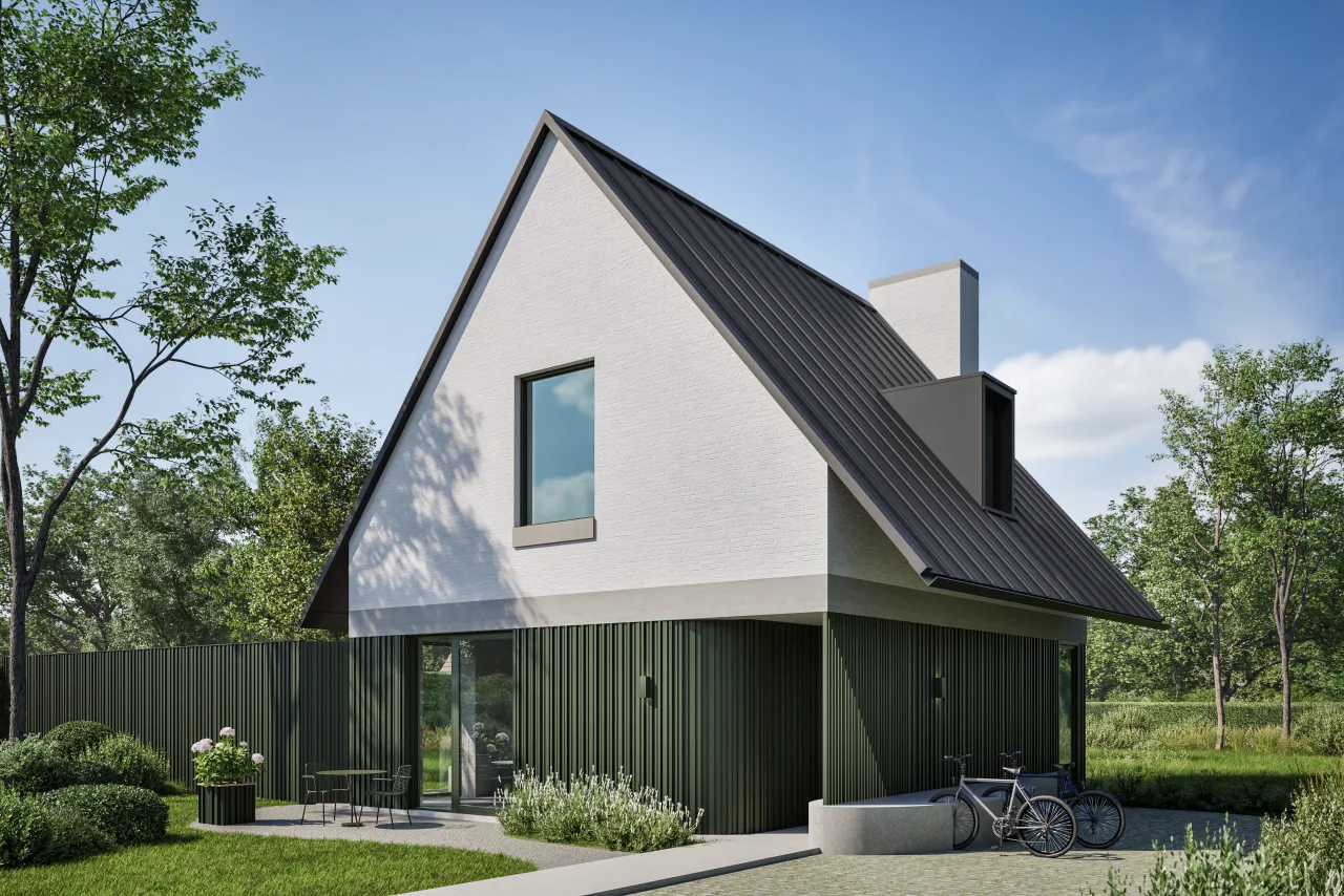 Alinel Type C gevelbekleding RAL 6020 groen — moderne woning vooraanzicht