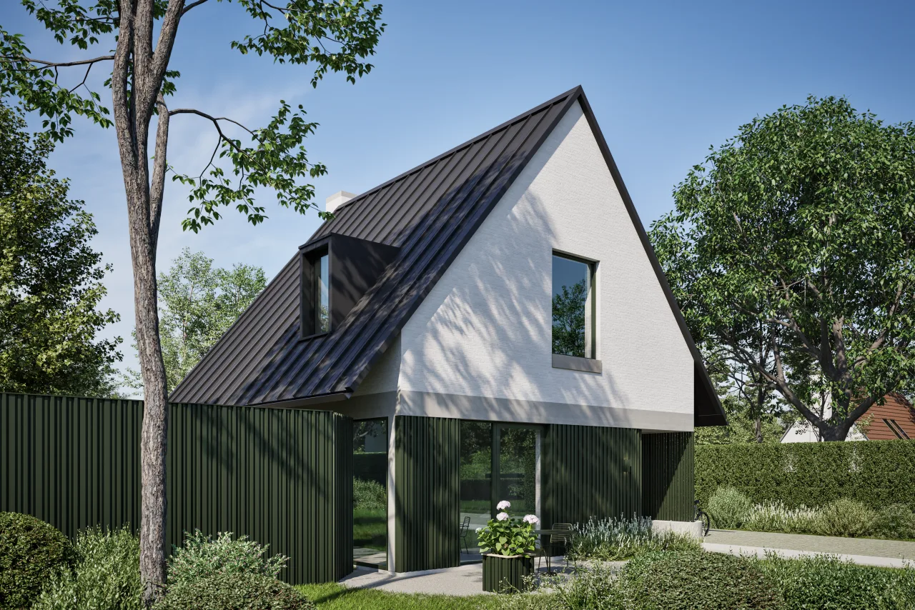 Alinel Type C gevelbekleding groen — totaalzicht gevel met omringende natuur