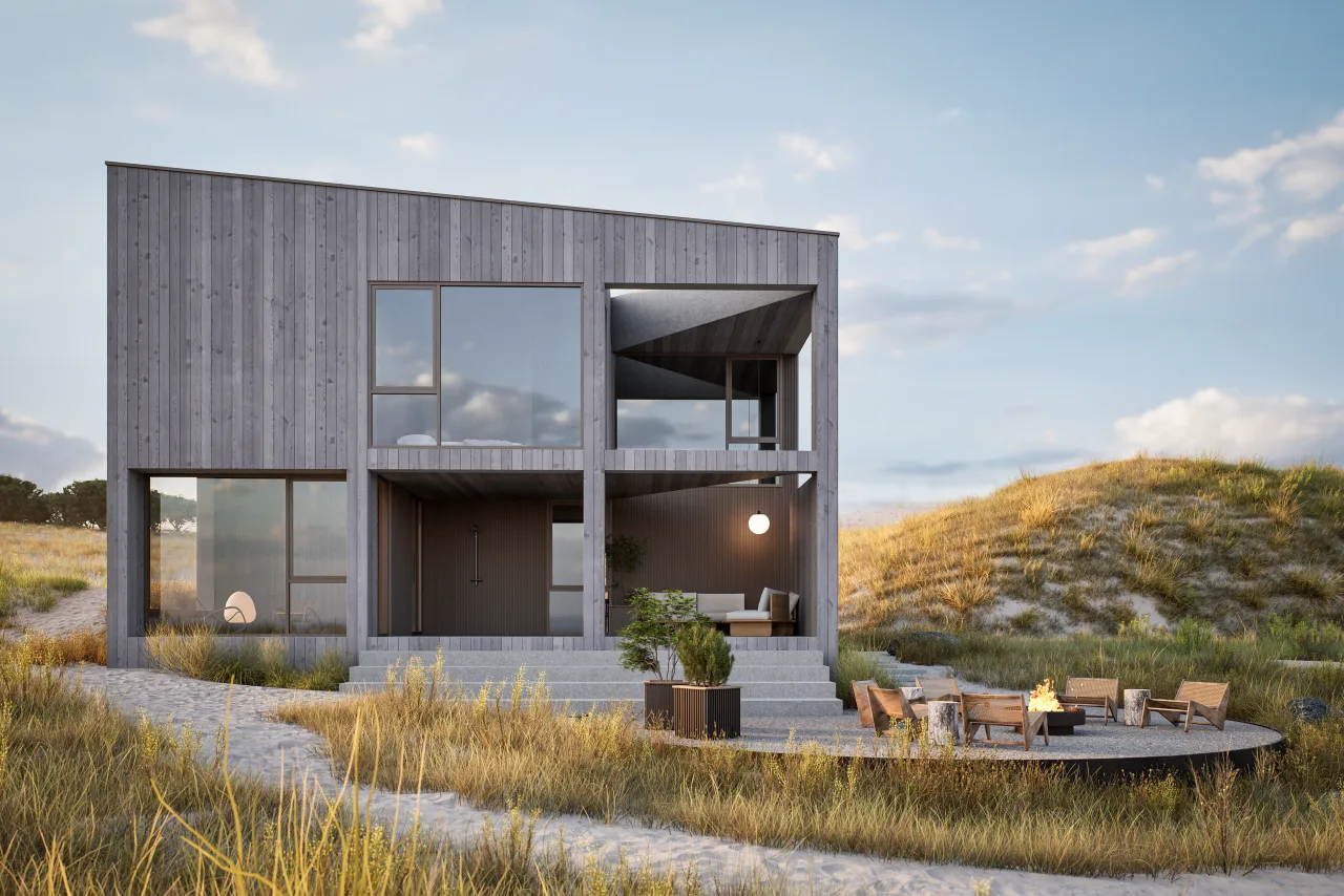 Alinel aluminium gevelbekleding Type D bij zonsondergang