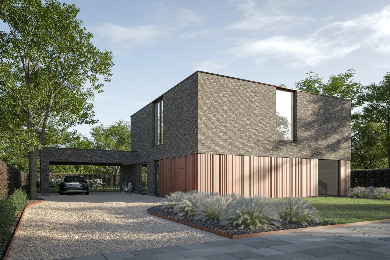 Alinel Type E gevelbekleding — hoekdetail combinatie profielen