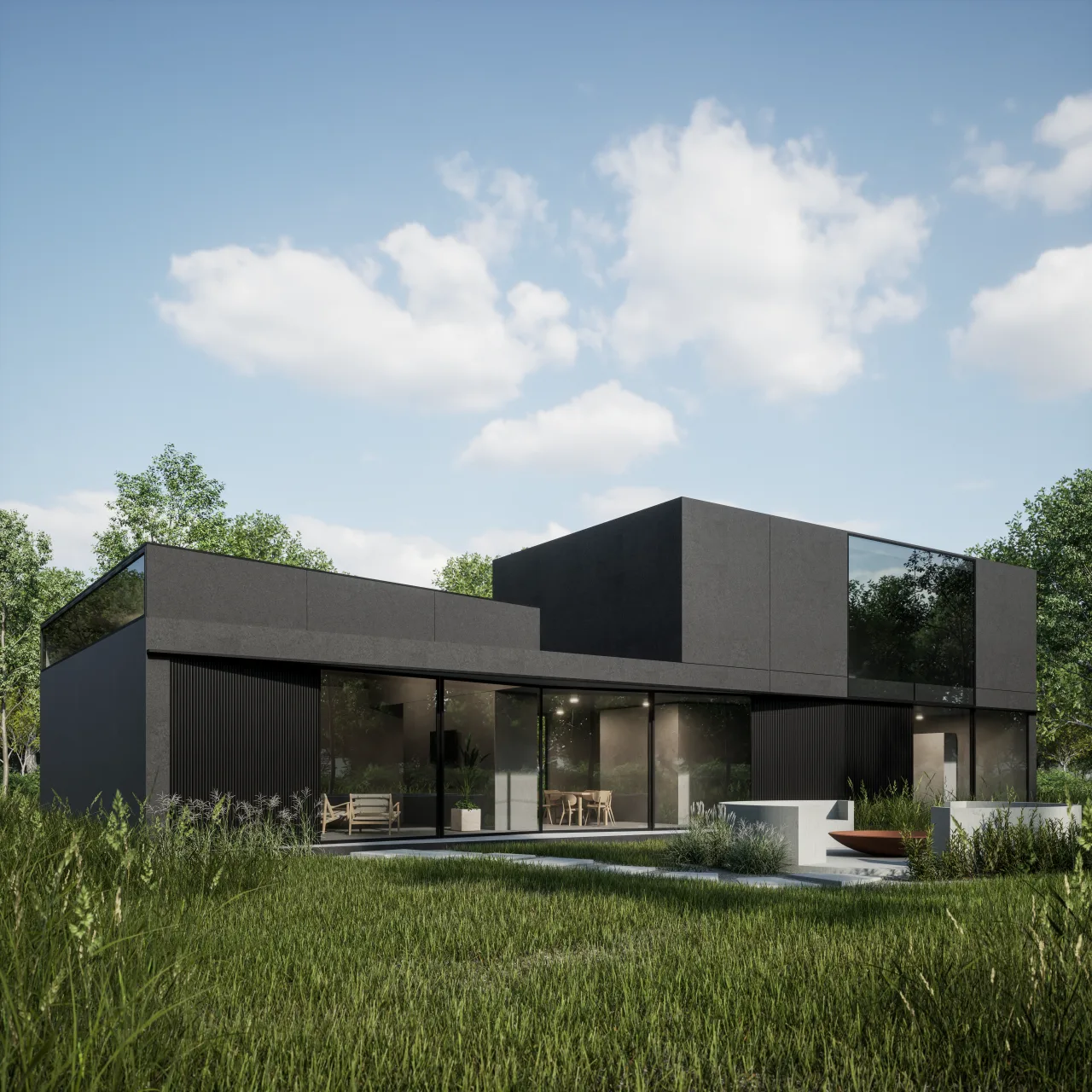 Alinel Type F gevelbekleding — totaalzicht moderne villa met tuin